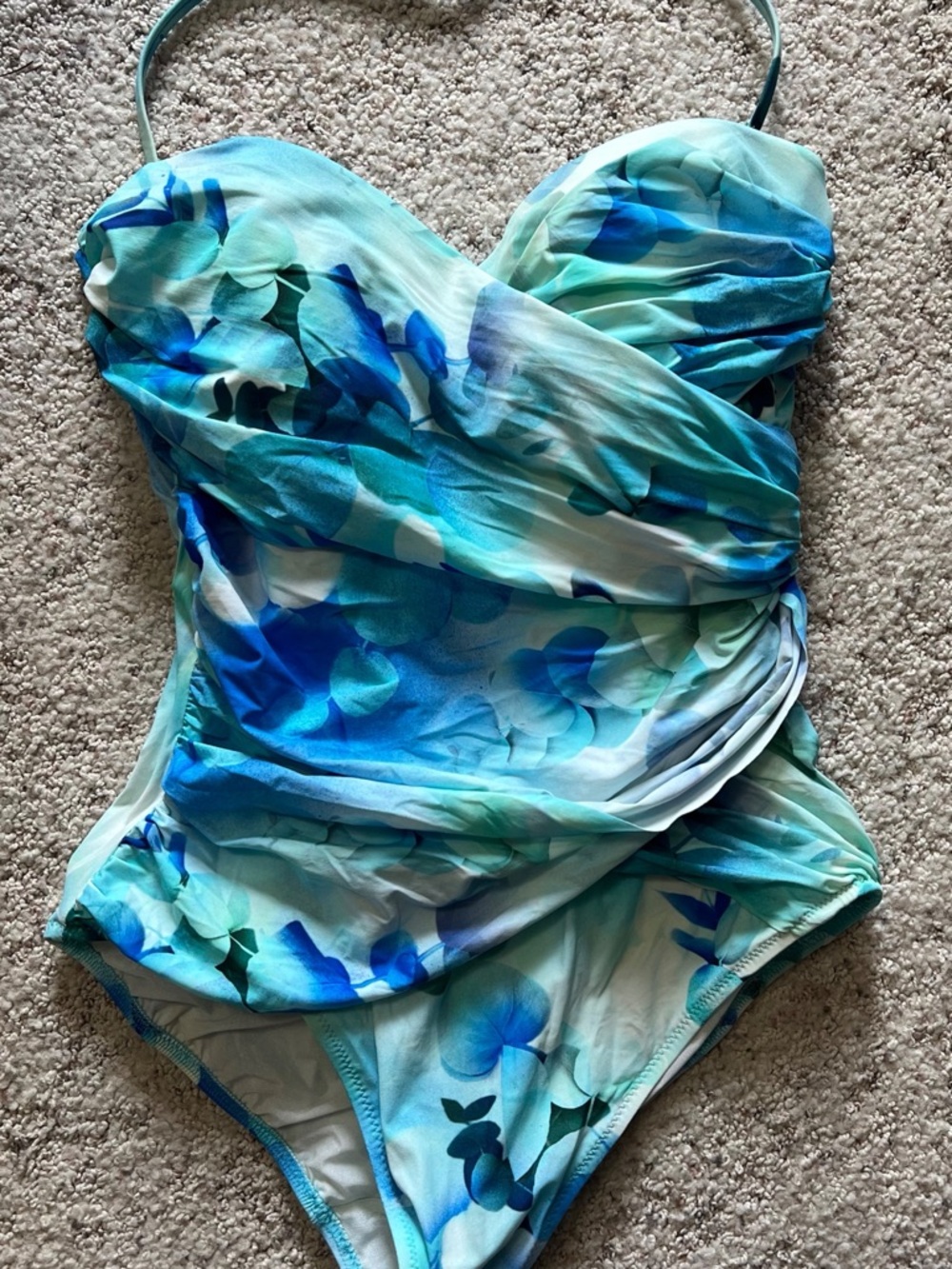 Gottex Aqua and Blue Floral Ruched One-Piece Swimsuit